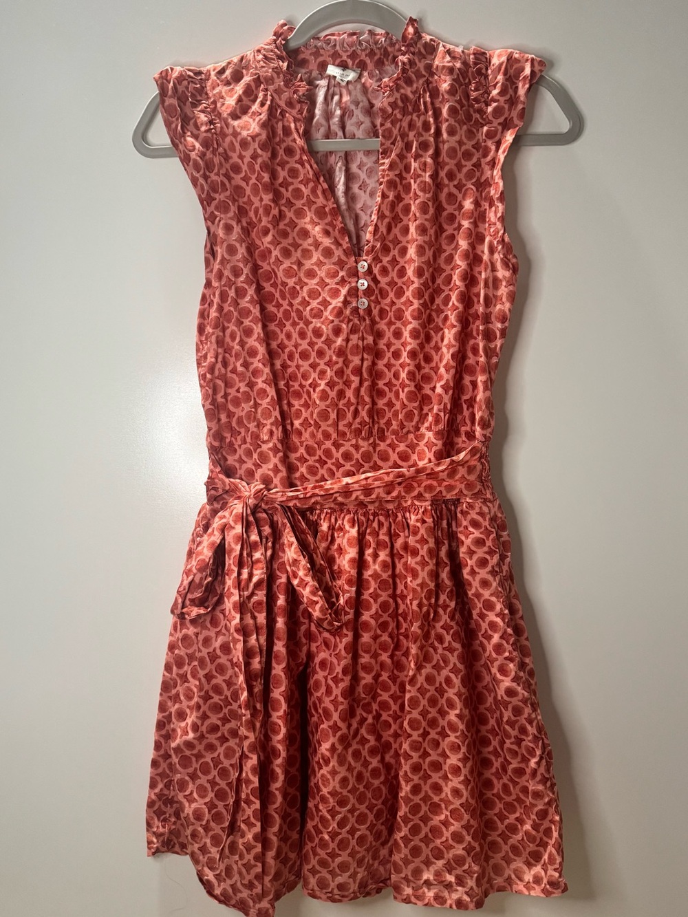 Marea by Liz Joy XS Pink Coral Printed Cotton Mini Dress Belted